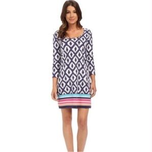 Lilly Pulitzer Navy White Geometric Fish Pattern Stripe Hem Pina Cotton XL Dress